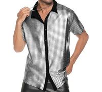 TINAYAUE Men's Disco Shirts 70s Fancy Dress Outfit Shiny Shirt Dance Tops Short Sleeve Button Down Retro Party Sparkly Shirts Nightclub Work Uniform Xmas Prom Costume Rave Clubwear Silver