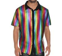 TINAYAUE Men's Disco Shirts 70s Fancy Dress Outfit Shiny Shirt Dance Tops Short Sleeve Button Down Retro Party Sparkly Shirts Nightclub Work Uniform Xmas Prom Costume Rave Clubwear Multicolor