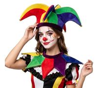 TINAYAUE Multicolor Jester Hat with Bells, Velvet Clown Hat and Collar Medieval Renaissance Costume Headwear for Halloween Cosplay Circus Theme Party Mardi Gras Carnival