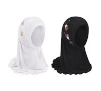 TINAYAUE Muslim Headscarf Hijab Islamic Full Cover Turban Head One-Piece Floral Arab Scarf Amira Hijab Head Wear Long Scarf for Children Girl 2-6 Years Old (Black+White)