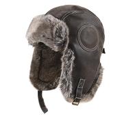 TINAYAUE PU Leather Winter Pilot Cap for Men Women Faux Fur Russian Ushanka Trapper Hat with Earflaps Thickened Warm Hat Outdoor Windproof Skiing Cycling Hat for Cold Weather Beanie Hat Brown