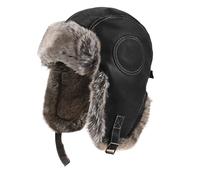 TINAYAUE PU Leather Winter Pilot Cap for Men Women Faux Fur Russian Ushanka Trapper Hat with Earflaps Thickened Warm Hat Outdoor Windproof Skiing Cycling Hat for Cold Weather Beanie Hat Black