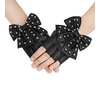 TINAYAUE Punk Half Finger Gloves Big Bowknot Rivet Design PU Leather Performance Cosplay Gloves Fingerless Rock Jazz Style Gloves Club Stage Dance Gloves for Girls Women
