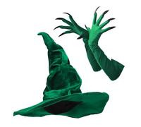 TINAYAUE Wicked Witch Hat Long Claw Gloves with Black Nails Scary Halloween Party Cosplay Dress Up Vampire Demon Wizard Dark Witches Costume Accessories (Green Hat + Gloves, One Size)