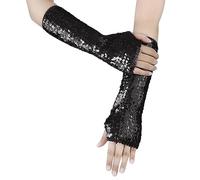 TINAYAUE Women Fashion Sequin Gloves Soft Sequin Cuffs Glitter Fingerless Gloves Elasticity Half Finger Gloves with Sequins for Role Play, Party, Opera Performance, black, 28 cm x 9 cm