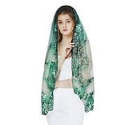 TINAYAUE Women's Lace Veil Bridal Veil with Sequins Wedding Veil Delicate Pattern Bridal Soft Veil with Insert Comb Scarf Tulle Catholic Mass Mantilla Veil for Wedding, Church, Green, 80-100 cm