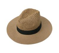 TINAYAUE Women's Panama Straw Hat, Wide Brim Beach Sun Hat with Black Band, Packable Foldable Handmade Crochet Fedora Bucket Hats for Summer Vacation Travel UPF 50+ (Brown)
