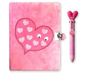 Tinc 6-in-1 Multicolour Retractable Pen + Lockable A5 Journal Notebook with Padlock & Key- Pink Heart Mallo Design - Kids Stationery Writing Set for School, Home & Gifts