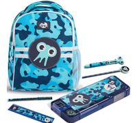 Tinc Kids Backpack School Bag + Compartment Pencil Case + Multicolour Ballpoint Pen | Adjustable Straps + Bottle Holder | for School, Home, Boys & Girls | Tonkin, Camo Blue
