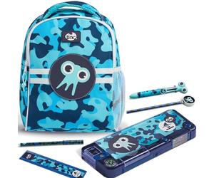 Tinc Kids Backpack School Bag + Compartment Pencil Case + Multicolour Ballpoint Pen | Adjustable Straps + Bottle Holder | for School, Home, Boys & Girls | Tonkin, Camo Blue