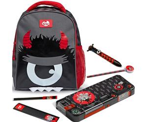 Tinc Kids Backpack School Bag + Compartment Pencil Case + Multicolour Ballpoint Pen | Adjustable Straps + Bottle Holder | for School, Home, Boys & Girls | Kronk, Black & Red