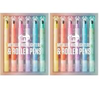 Tinc Set of 6 Cute Roller Print Metallic Highlighter Pens, roller ball prints different designs, dual tip, six colours to choose from (Pack of 2)