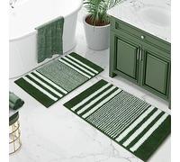 Tindbea Bathroom Rugs Set 2 Piece, Extra Soft and Absorbent Fluffy Striped Chenille Bath Mat Rug Set, Non Slip Bathroom Floor Mat, Machine Washable (20" x 32" Plus 16" x 24", Green)