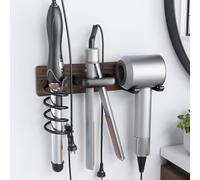 Tindbea Hair Dryer Holder Curling Iron Holder Flat Iron, Blow Dryer Holder Wall Mount, 3 in 1 Bathroom Hair Tool Organizer Rack for Universal Dryer (Walnut Wood Matte Metal, Matte Black)
