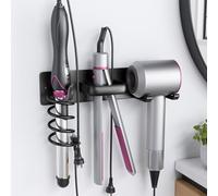 Tindbea Hair Dryer Holder Curling Iron Holder Flat Iron, Blow Dryer Holder Wall Mount, 3 in 1 Bathroom Hair Tool Organizer Rack for Universal Dryer (Matte Metal, Matte Black)