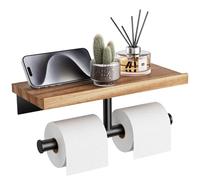 Tindbea Toilet Paper Holder with Wood Shelf, Wooden Wall Mount Tissue Paper Roll Holder, Matte Black Stainless Steel Bathroom Accessories Decor (Sapele SUS304 Stainless Steel, Matte Black-Double)
