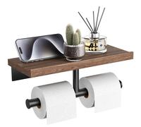 Tindbea Toilet Paper Holder with Wood Shelf, Wooden Wall Mount Tissue Paper Roll Holder, Matte Black Stainless Steel Bathroom Accessories Decor (Walnut, SUS304 Stainless Steel, Black-Double)
