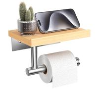 Tindbea Toilet Paper Holder with Wood Shelf, Wooden Wall Mount Tissue Paper Roll Holder, Matte Black Stainless Steel Bathroom Accessories Decor (Maple SUS304 Stainless Steel, Brushed Nickel)