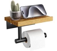 Tindbea Toilet Paper Holder with Wood Shelf, Wooden Wall Mount Tissue Paper Roll Holder, Matte Black Stainless Steel Bathroom Accessories Decor (Red Oak SUS304 Stainless Steel, Matte Black)