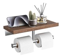 Tindbea Toilet Paper Holder with Wood Shelf, Wooden Wall Mount Tissue Paper Roll Holder, Matte Black Stainless Steel Bathroom Accessories Decor (Walnut, SUS304 Stainless Steel, Brushed Nickel-Double)