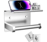 Tindbea Toilet Roll Holder with Phone Shelf + Towel Robe Hooks, Self Adhesive or Wall Mounted Toilet Roll Storage Dispenser, Stainless Steel Loo Roll Holder for Bathroom (Brushed Nickel)