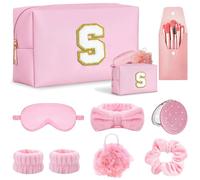 Tindisonka Gift Set for Women, Initial S Makeup Bag, Pink Spa Kit, Brush Set, Skincare Headband & Wrist Bands, Bachelorette Party Favors, Bridesmaid, Sleepover Supplies, Teen Girls gifts