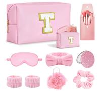 Tindisonka Gift Set for Women, Initial T Makeup Bag, Pink Spa Kit, Brush Set, Skincare Headband & Wrist Bands, Bachelorette Party Favors, Bridesmaid, Sleepover Supplies, Teen Girls gifts