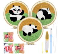 TINDTOP 3 Sets Punch Needle Kits, Panda Punch Embroidery Kits for Adults Beginner, Tool with Punch Needle Fabric, Hoops, Yarns and Sewing Needles