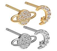 TINEASUR 2 Pairs Asymmetrical Moon Planet Earrings for Women Celestial Small Cartilage Earrings Silver Gold Unique Star Design for Girlfriend Mother