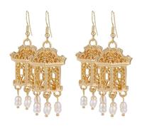 TINEASUR 2 Pairs Pavilion Shaped Drop Earrings for Women with Tassel Decoration and Versatile Pendant Style in Golden Alloy, Elegant Chinese Style Dangling Earrings for Formal Occasions