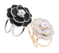 TINEASUR 2pcs Camellia Floral Scarf Ring Clip with Simulated Pearls, Decorative Scarf Buckle for Women, Multi-functional Shawl Fastener for Cardigans and Coats, Black and White