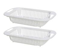 TINEASUR 2pcs Extendable Vegetable Drain Basket Over The Sink Kitchen Strainer for Cleaning and Draining Fruits and Vegetables with Sturdy White Pp Material