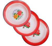 TINEASUR 3pcs Vintage Style Iron Enamel Snack Plates Set, Sturdy Thickened Food Serving Trays for Serving Candies and Cakes, Classic Red Kitchen Platters for Party and Everyday Assorted