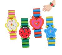 TINEASUR 4pcs Wooden Cartoon Watch Set Kids Wristband Pretend Play Watches for Boys and Girls Educational Toy Creative Learning Favor Random Color