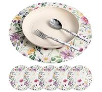 TINEASUR 6 Pcs round Flower Linen Placemats with Pot Holder Set, Spring Floral Dining Table Mats round Tables, Sturdy Linen Place Mats for Kitchen and Dining Room Use