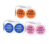 TINEASUR Inventory Control Labels for Food 3 Rolls Self-Adhesive Round Food Stickers in Copper Blue, Tangerine, and Rose Pink for Kitchen Storage Management