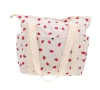 TINEASUR Strawberry Print Womens Shoulder Bag Lightweight Corduroy Travel Tote with Side Pocket for Beach Shopping and Leisure Activities White