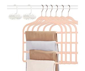Tinfol Velvet Pants Hanger Space Saving with Hook, 6pc 4 Layers Non-Slip Jeans Hangers, Pink Multiple Clothes Hangers Closet Storage Organizer forJeans Scarf Towels Tie Towel