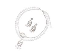TingHaoO Elegant Double Layer Zirconia Inlayed Necklace Earrings Set With Imitation Pearls For Women Royal Courts Jewelry Sparkling Cubic Zirconia Pearls