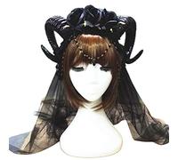 TingHaoO Halloween Carnival Headband Sheep Horn Rose Flower Chain Crown Hair Hoop For Vampire Mesh Veil Gothic Cosplay Headpiece Bridal Veils Cathedral
