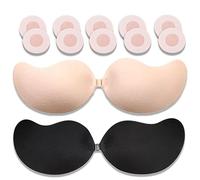 TINGJO Sticky Bra Adhesive Invisible Bra Push Up Reusable Backless Dress Strapless Bra for Women 2 Pairs, Black&Nude, One Size