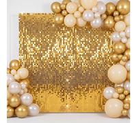 Tingjoo 2 Pack Gold Shimmer Wall Backdrop Total 4 x 6 ft Gold Shimmer Backdrop Curtains Square Sequin Fabric Curtain Drape Photo Background Props for Wedding Anniversary Birthday Party Baby Shower