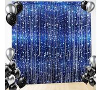 Tingjoo 2 Pack Space Foil Curtain Backdrop Galaxy Themed Metallic Tinsel Foil Fringe Curtains Photo Props Printed Starry for Star Galaxy Movie Birthday Party Decoration, 3.3 x 6.6 Feet