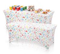 Tingjoo 2 Pcs 6ft Confetti Tablecloth Stretch Polyester Reusable Tablecloth | Happy Birthday Reusable Table Cover, Rectangular Party Table Cover, Colorful for Birthday Festival Party Picnic Home Decor