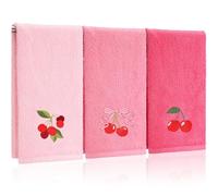 Tingjoo 3 Pcs Cherry Hand Towels 14x29 Inch Spring Summer Pink Preppy Bow Cherries Bathroom Decor Cotton Embroidered Soft Absorbent Towels for Bathroom Kitchen
