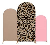 Tingjoo 3 Pcs Leopard Theme Party Cheetah Print Arch Cover Backdrop Spandex Stand Fitted Arch Cover, 4ft 5ft 6ft Photo Background Props Birthday Decor(Brown Pink)