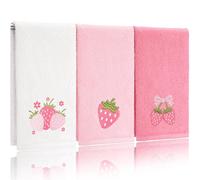 Tingjoo 3 Pcs Strawberry Hand Towels 14x29 Inch Spring Summer Bathroom Decor Farmhouse Pink Strawberry Cotton Embroidered Soft Absorbent Bathroom Decor Towels for Kitchen