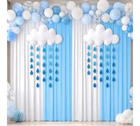 Tingjoo 4 Pcs Blue Sky White Cloud Backdrop 29 x 79 Inch Blue Sky Curtain Backdrops with 2 Pcs Cloud Raindrop Props for Party Photography Background Baby Shower Decorations