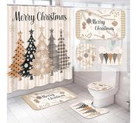 Tingjoo 4 Pcs Christmas Shower Curtains Set Stripes Pine Trees Xmas Bathroom Set, Christmas Tree Shower Curtain with 12 Hooks Non Slip Rug Toilet Lid Cover and Bath Mat for Xmas Winter Holiday Supply