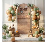 Tingjoo 6.6ft One Happy Camper Arch Backdrop Cover Vintage Wood Texture Stretchy Spandex Arch Cover for Camper Theme First Birthday Lumberjack Party Anniversary Baby Shower Photo Booth Background